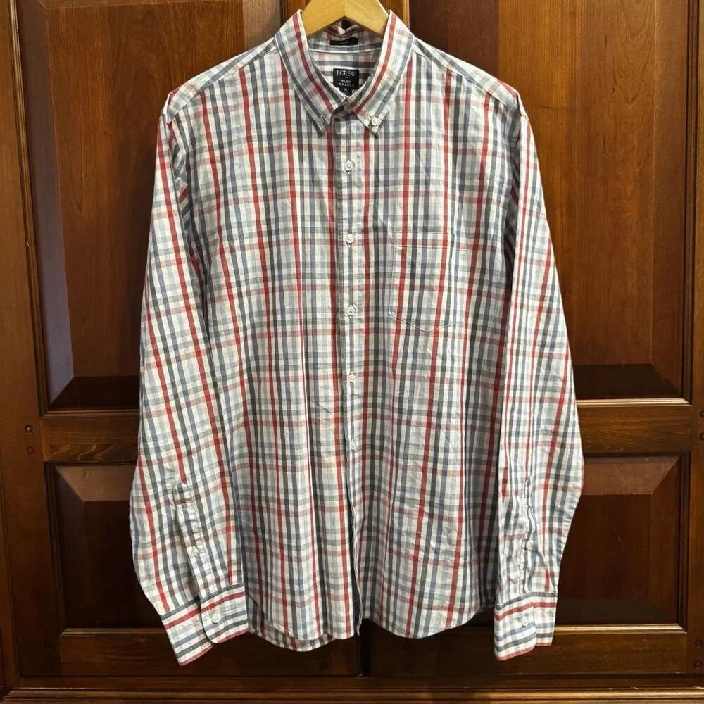 J.Crew Flex Washed Plaid Button Down Shirt Red Blue White Gingham Shirt XL